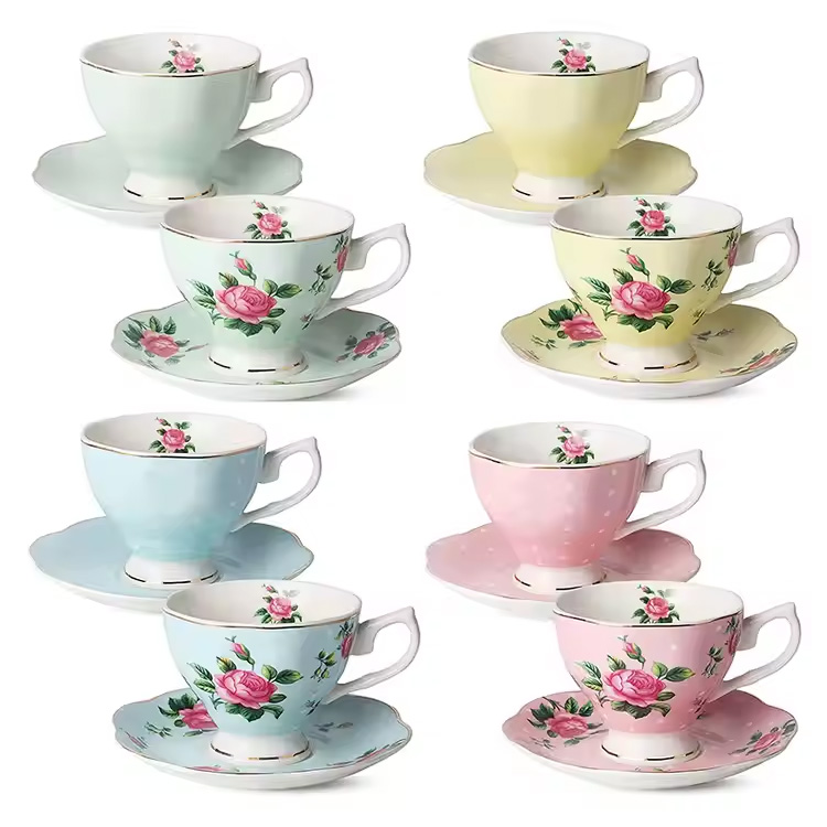 Bone China Floral Latte Multi-Color Tea Cups and Saucers Set