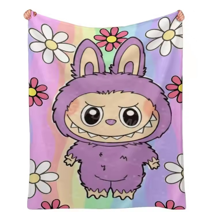 Cartoon Labubu 100% soffa Kastfrämjande blommatäcken